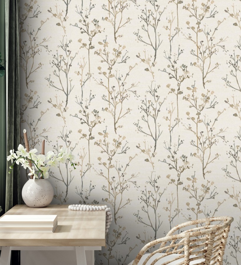 Papel pintado ramas artísticas en acuarela fondo tejido de lino  Zinnia Prairie 683905