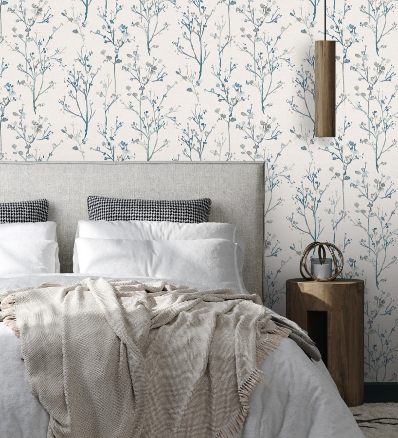 Papel pintado ramas artísticas en acuarela fondo tejido de lino  Zinnia Prairie 683906