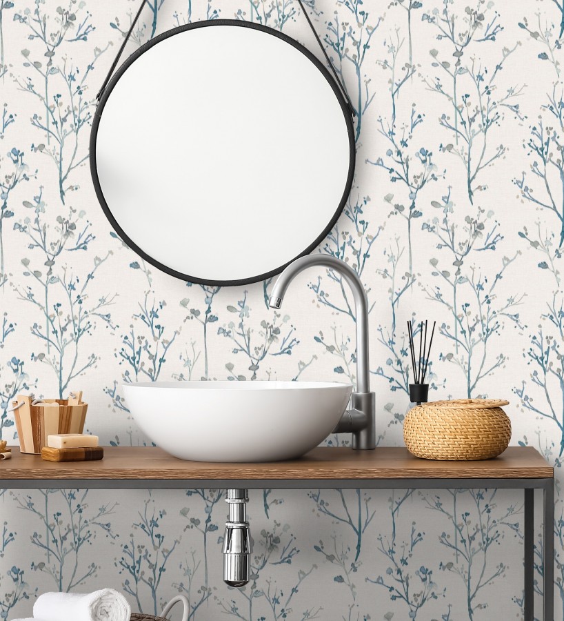 Papel pintado ramas artísticas en acuarela fondo tejido de lino  Zinnia Prairie 683906