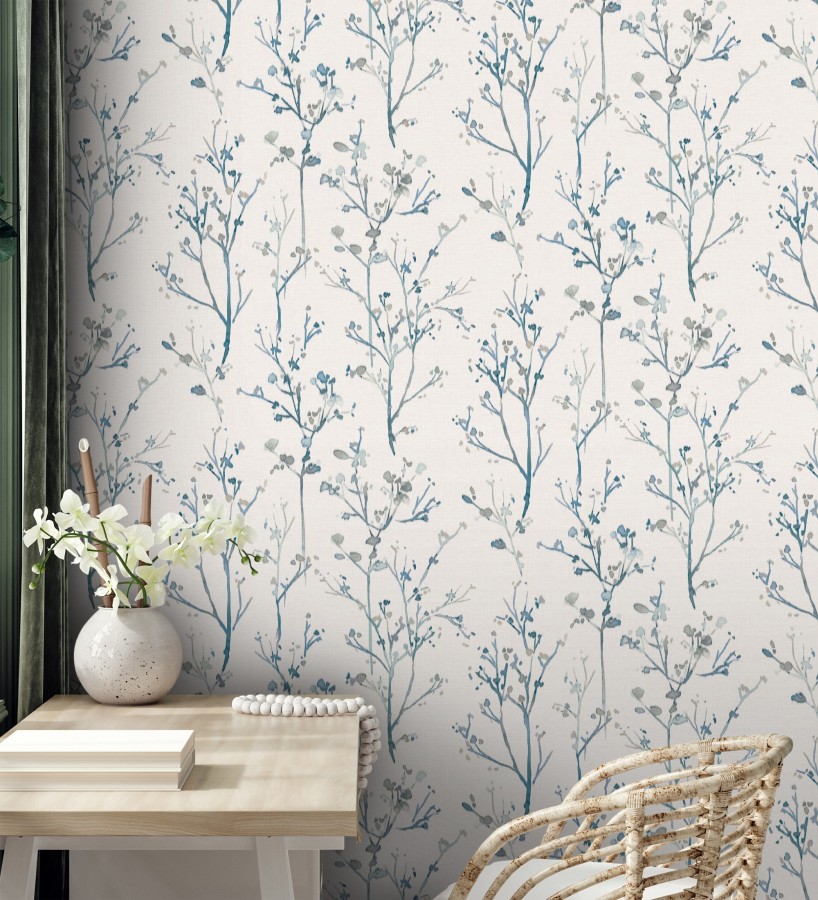 Papel pintado ramas artísticas en acuarela fondo tejido de lino  Zinnia Prairie 683906