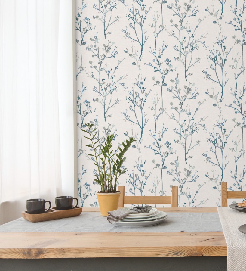 Papel pintado ramas artísticas en acuarela fondo tejido de lino  Zinnia Prairie 683906