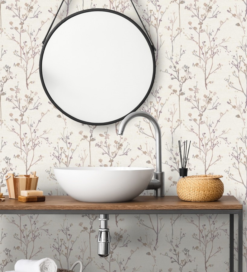 Papel pintado ramas artísticas en acuarela fondo tejido de lino  Zinnia Prairie 683907