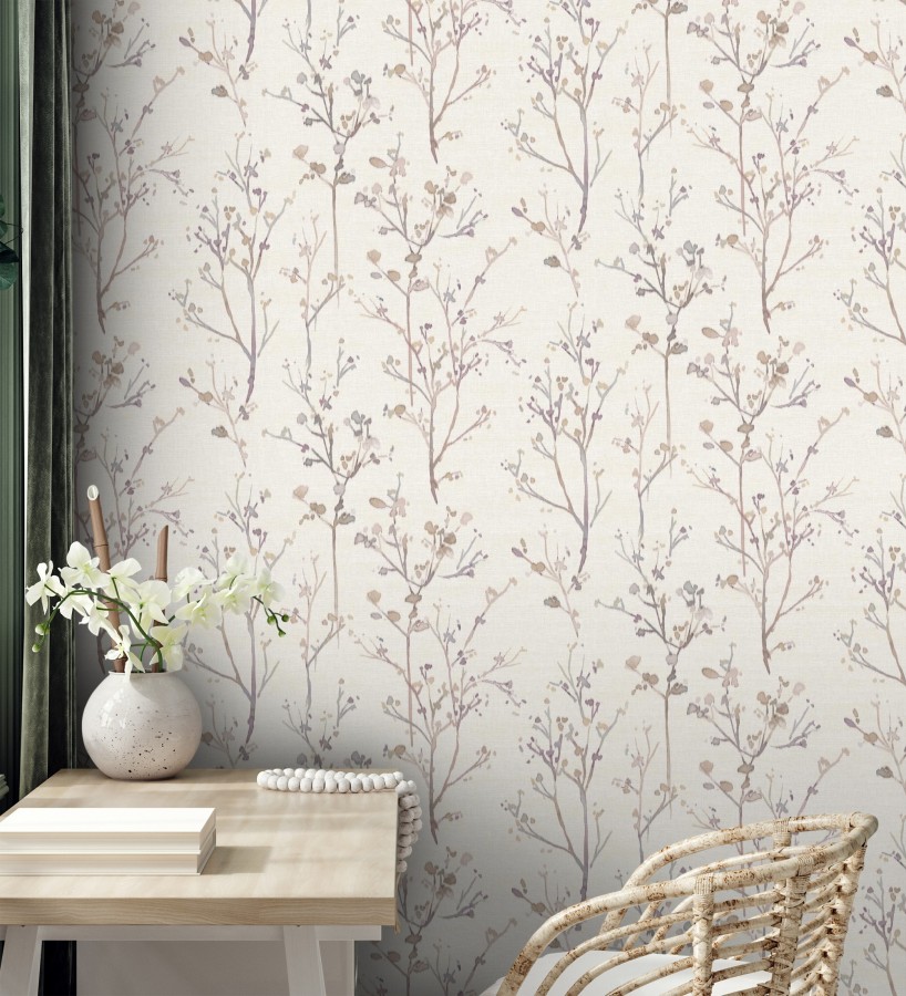 Papel pintado ramas artísticas en acuarela fondo tejido de lino  Zinnia Prairie 683907