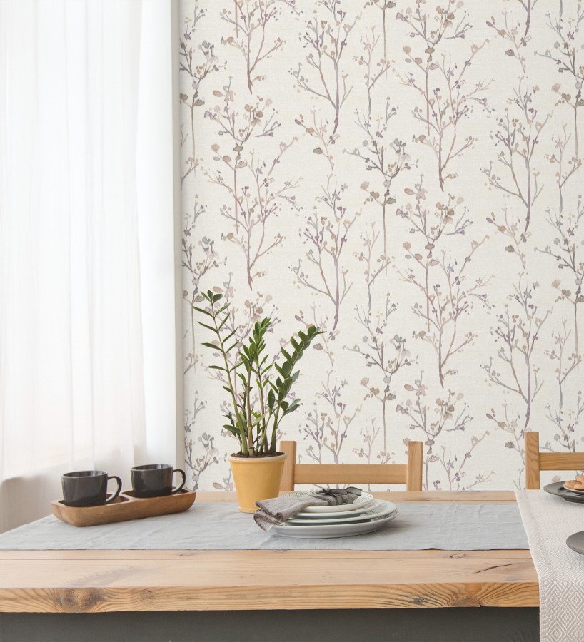 Papel pintado ramas artísticas en acuarela fondo tejido de lino  Zinnia Prairie 683907