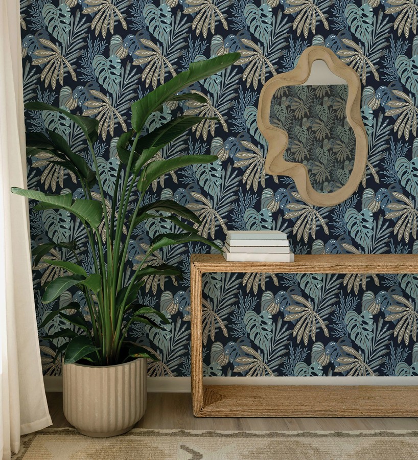 Papel pintado selva nocturna color turquesa  Samba Ethnic 683920