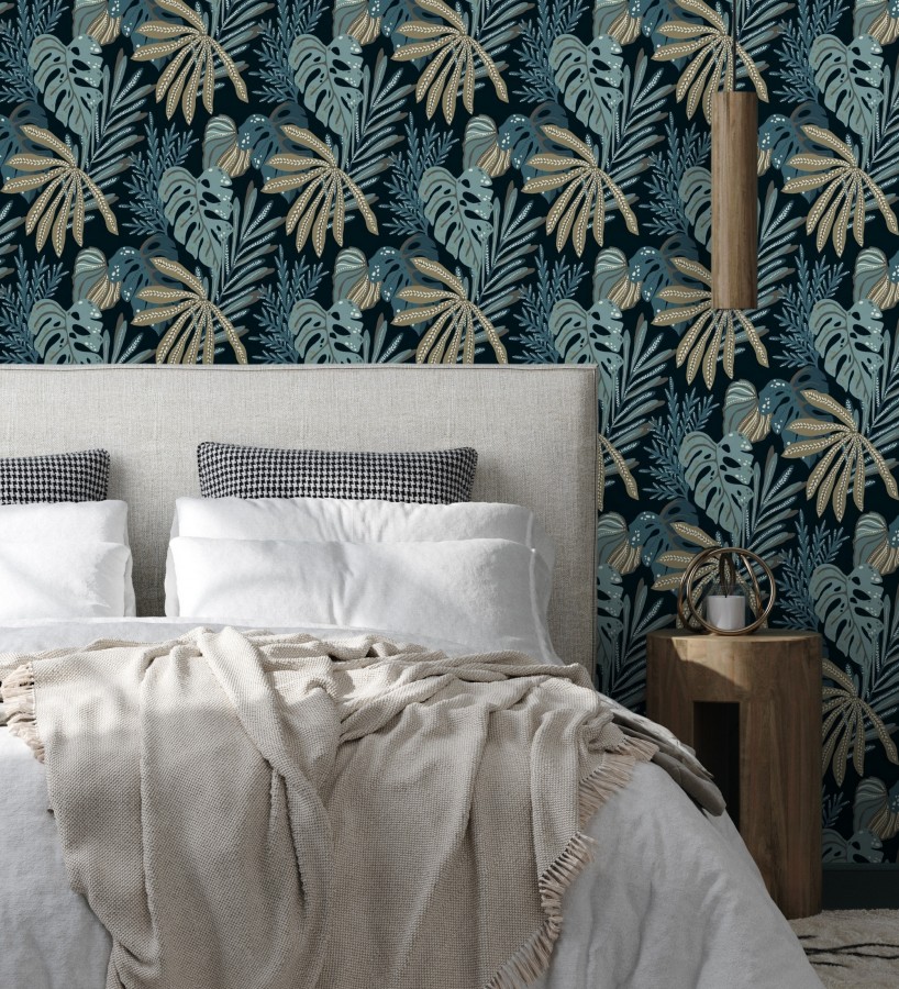 Papel pintado selva nocturna color turquesa  Samba Ethnic 683920