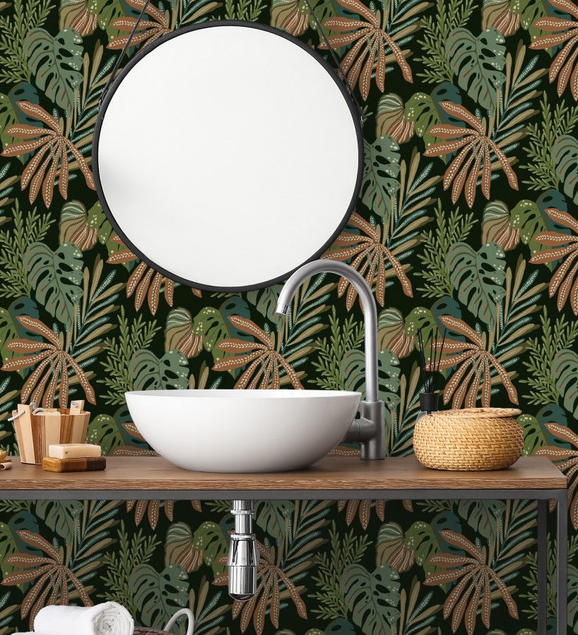 Papel pintado selva nocturna color verde salvia  Samba Ethnic 683922