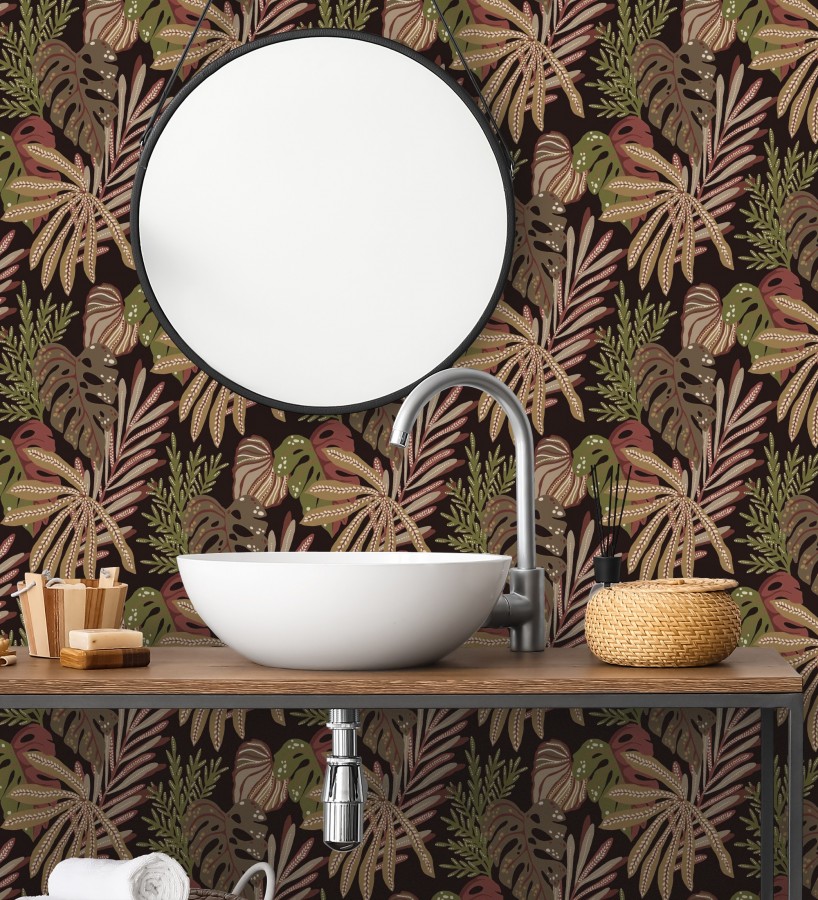 Papel pintado selva nocturna color rojo amarronado  Samba Ethnic 683923