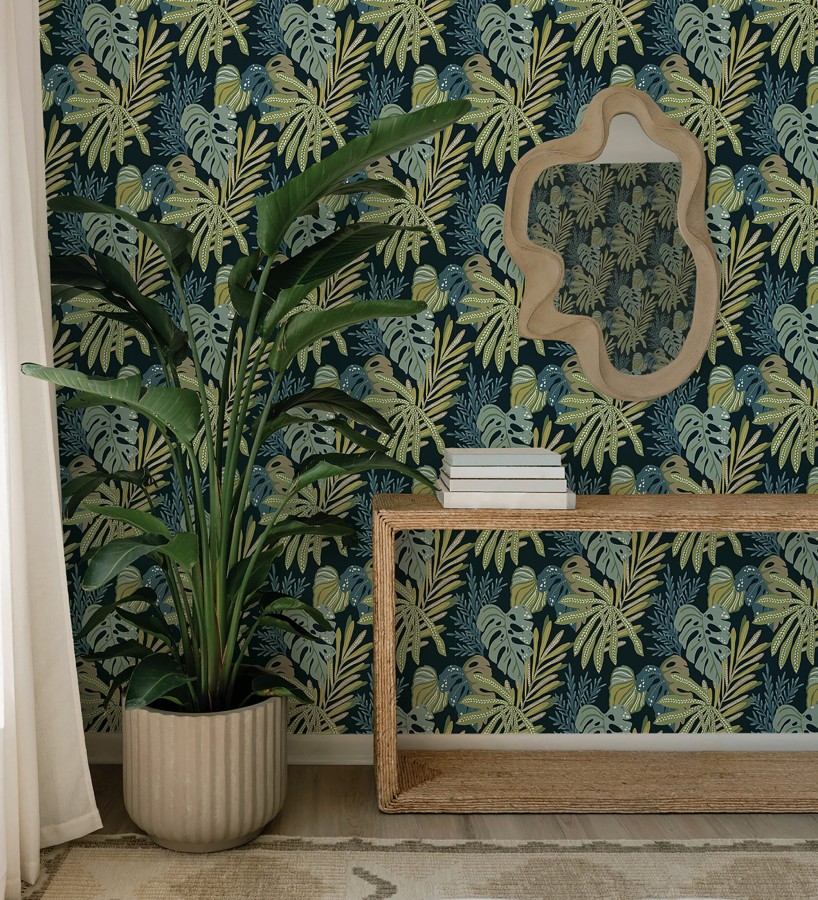 Papel pintado selva nocturna color verde espuma de mar  Samba Ethnic 683924