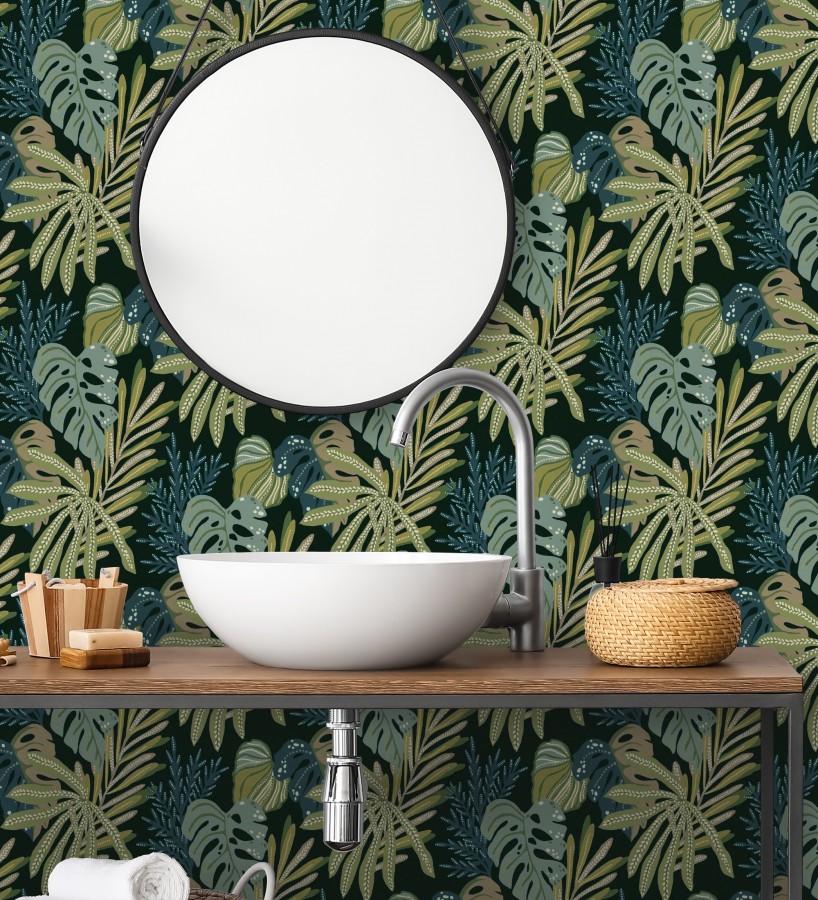 Papel pintado selva nocturna color verde espuma de mar  Samba Ethnic 683924