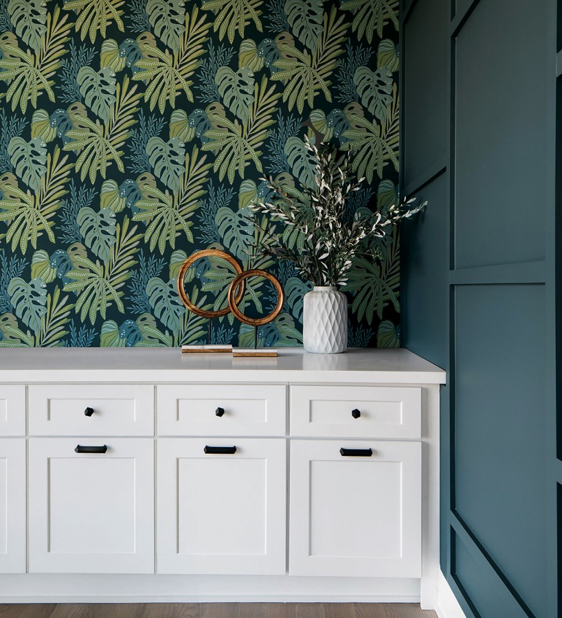 Papel pintado selva nocturna color verde espuma de mar  Samba Ethnic 683924
