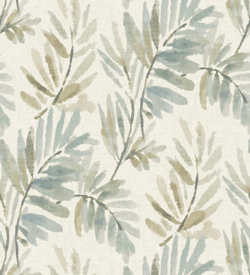 Papel pintado hojas difuminadas tonos marrones y azules fondo textil liso  Soren Light 683925