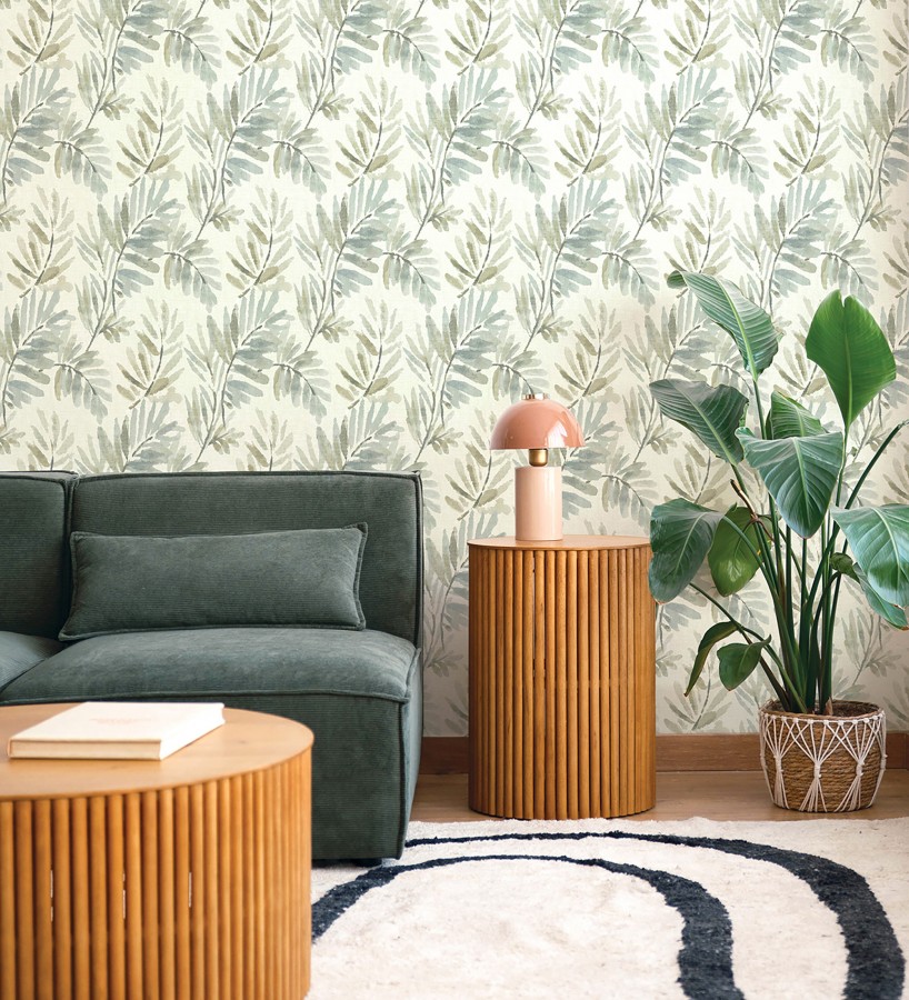 Papel pintado hojas difuminadas tonos marrones y azules fondo textil liso  Soren Light 683925