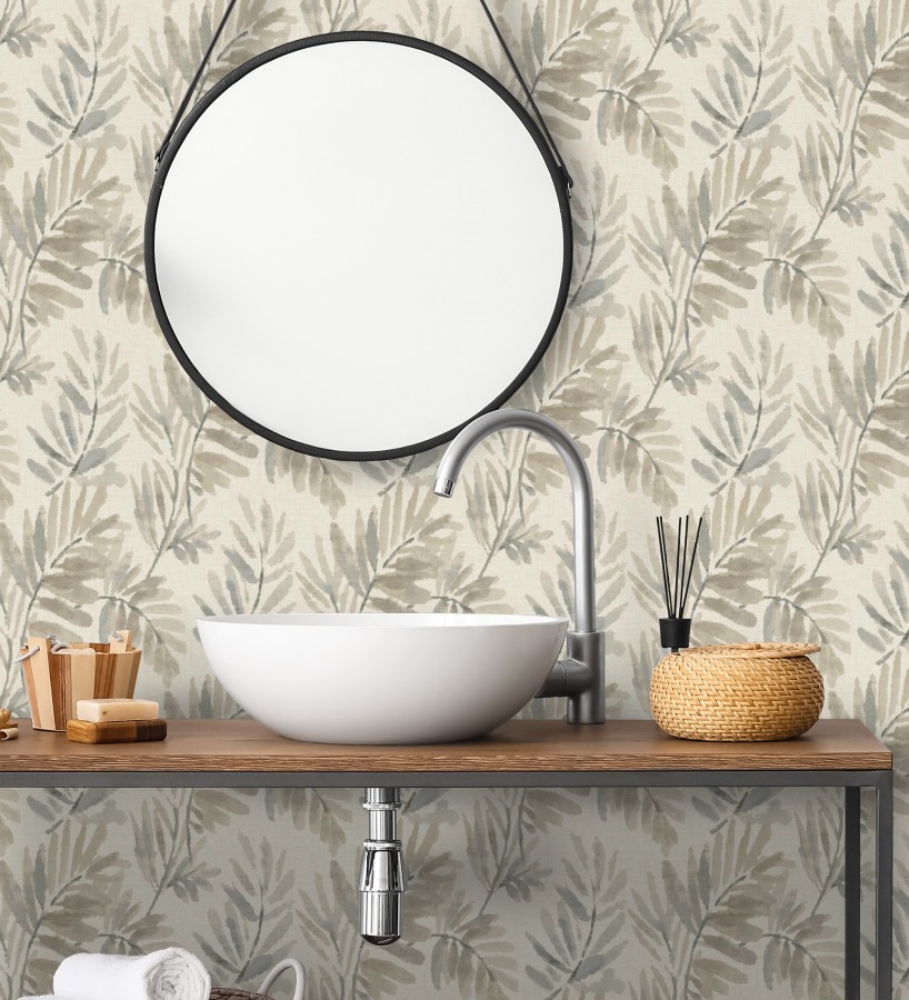 Papel pintado hojas difuminadas tonos grises y beige fondo textil liso  Soren Light 683926