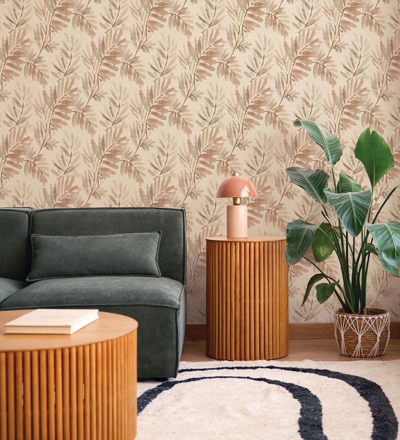 Papel pintado hojas difuminadas tonos tierra y beige fondo textil liso  Soren Light 683927