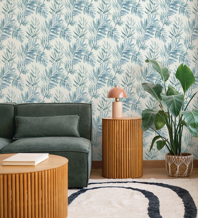 Papel pintado hojas difuminadas tonos azules fondo textil liso  Soren Light 683928