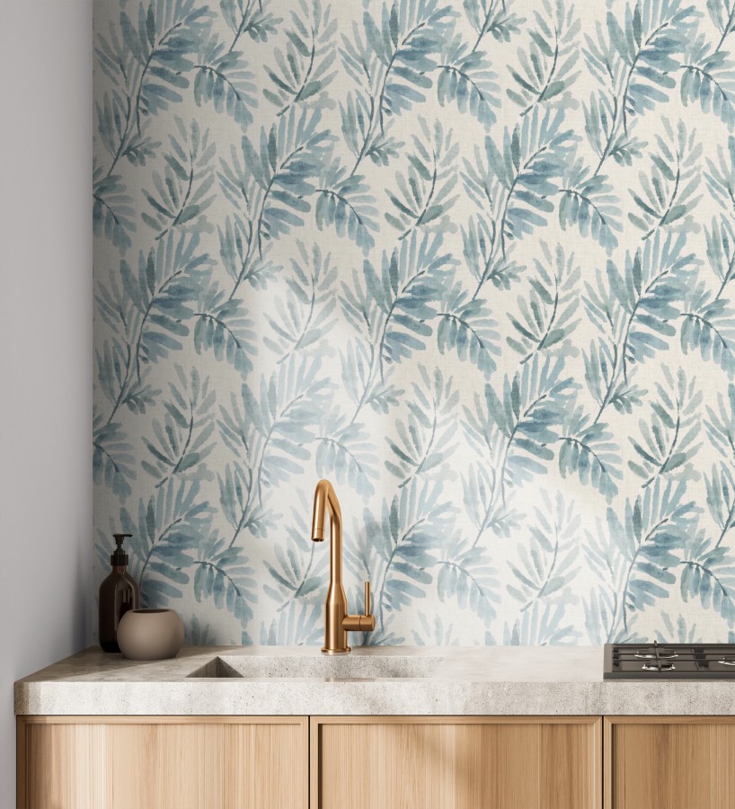 Papel pintado hojas difuminadas tonos azules fondo textil liso  Soren Light 683928