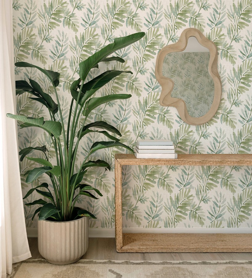 Papel pintado hojas difuminadas tonos verdes y azules fondo textil liso  Soren Light 683929