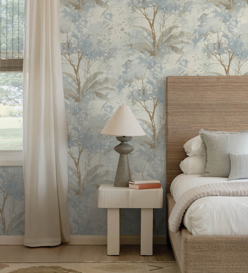 Papel pintado vestigio botánico sepia hojas de acuarela en tonos azul  Sienna Woodland 683934