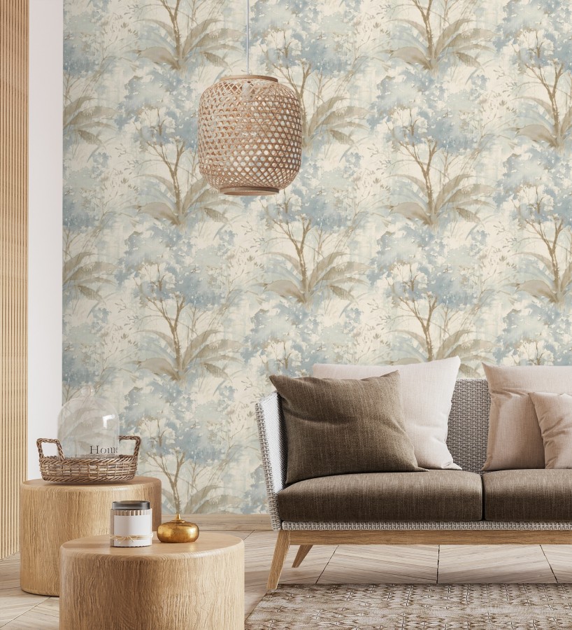 Papel pintado vestigio botánico sepia hojas de acuarela en tonos azul  Sienna Woodland 683934