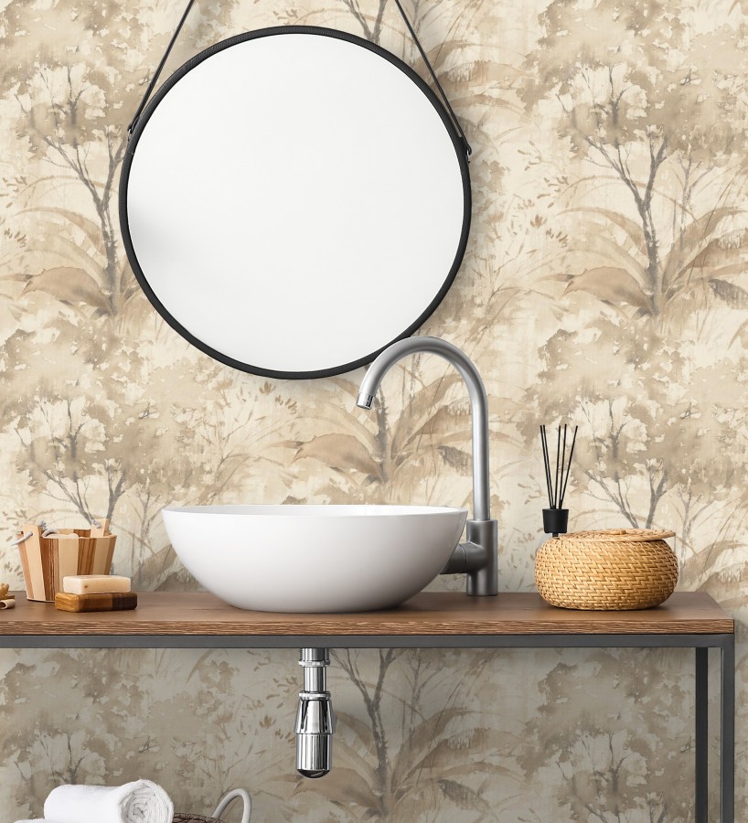 Papel pintado vestigio botánico sepia hojas de acuarela en tonos tierra  Sienna Woodland 683935