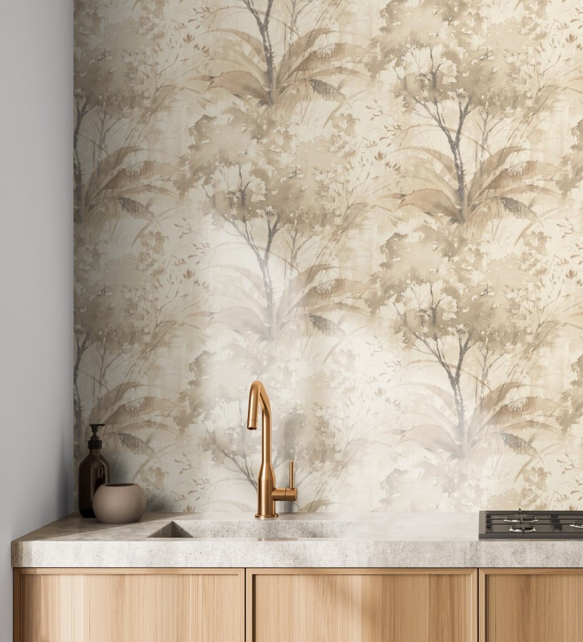 Papel pintado vestigio botánico sepia hojas de acuarela en tonos tierra  Sienna Woodland 683935