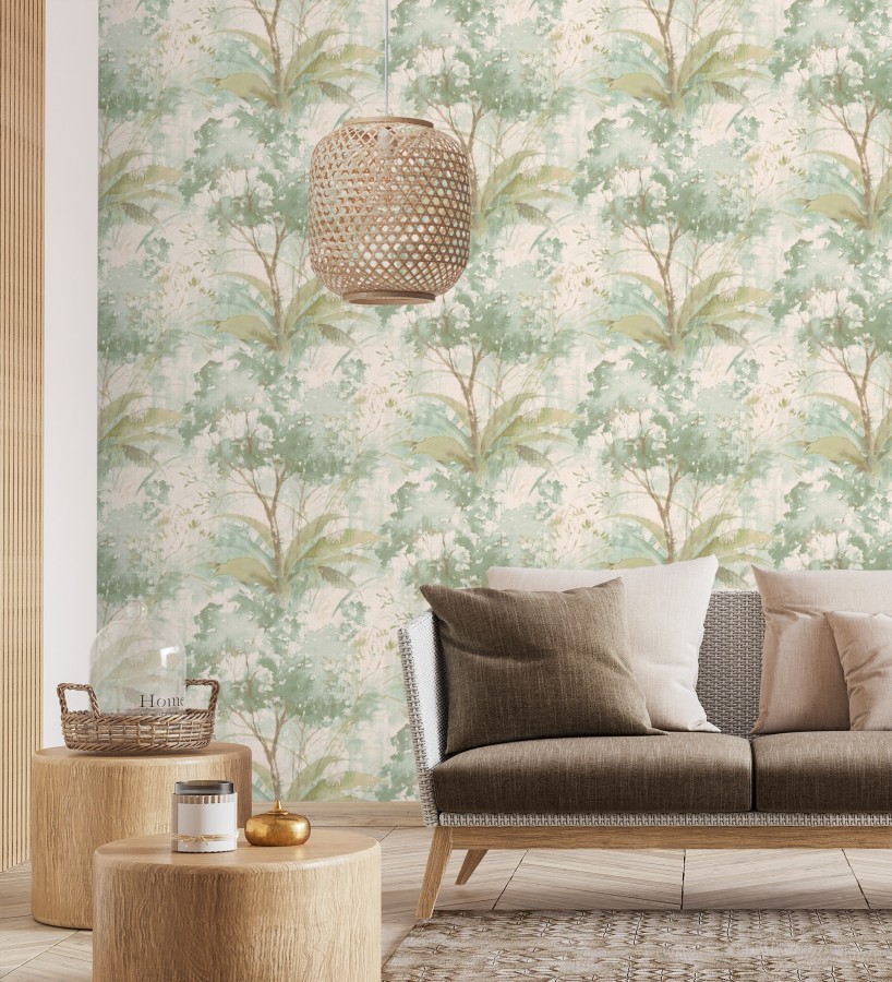 Papel pintado vestigio botánico sepia hojas de acuarela en tonos verdes  Sienna Woodland 683936