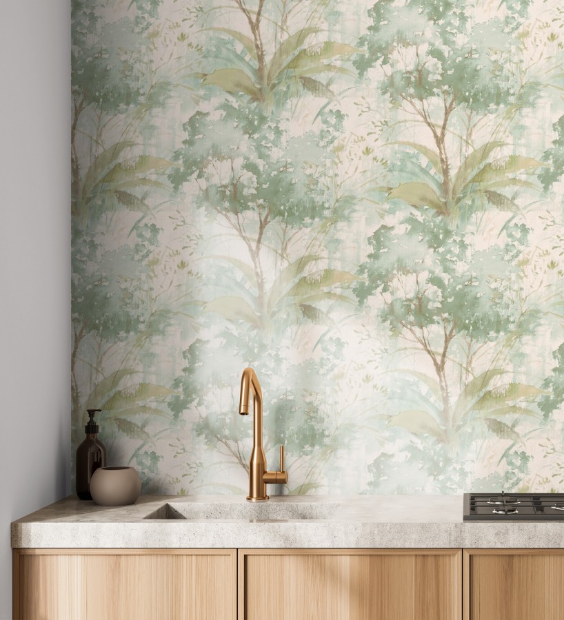 Papel pintado vestigio botánico sepia hojas de acuarela en tonos verdes  Sienna Woodland 683936