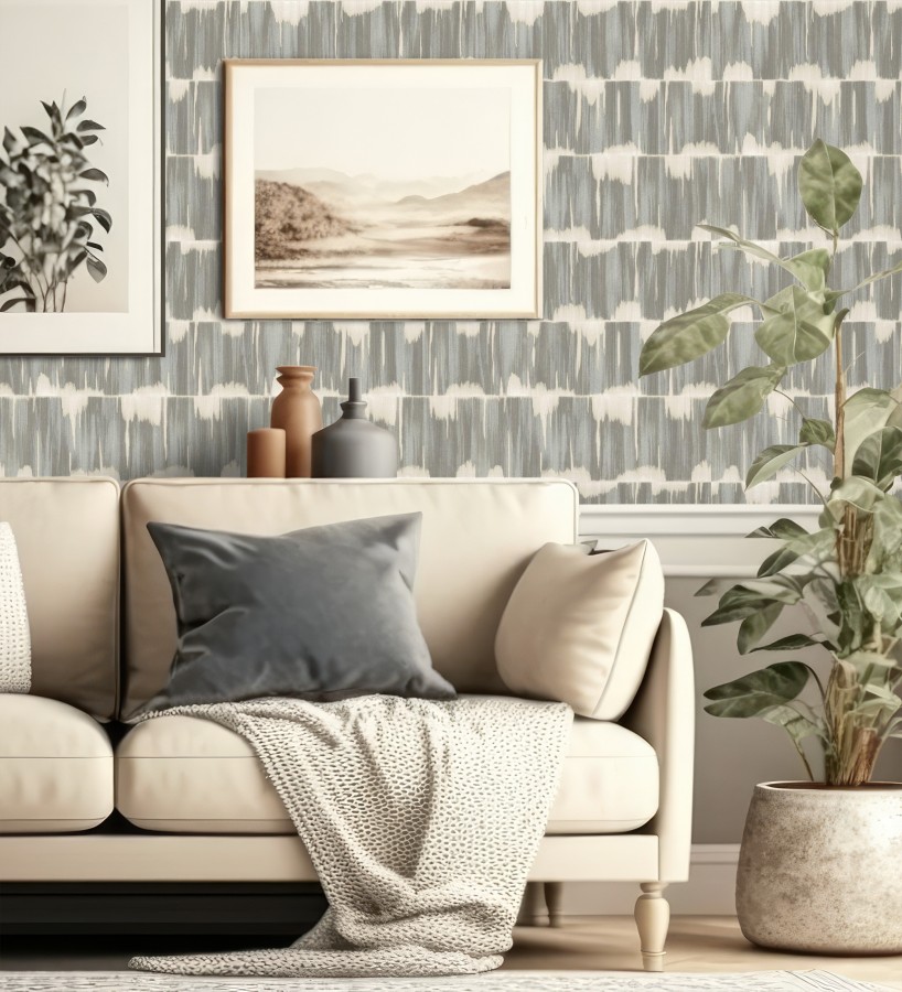 Papel pintado esencia de telar gris visón estilo wabi sabi  Kira Ikat 683939