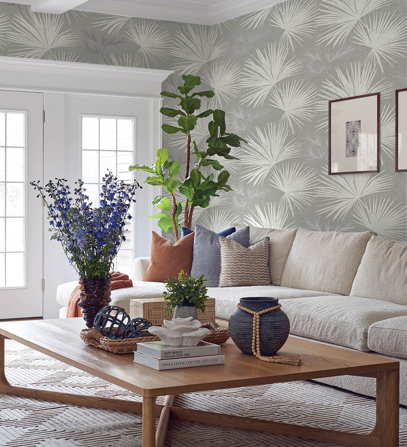 Papel pintado abanico de hojas finas fondo gris  Sloane Leafy 683948