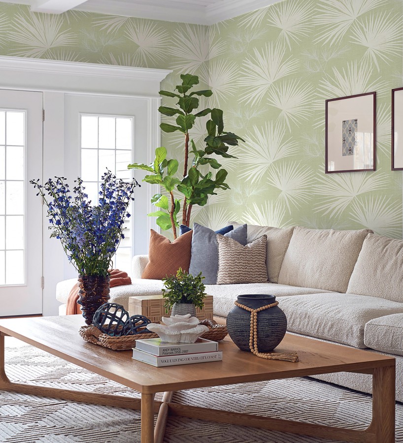 Papel pintado abanico de hojas finas fondo verde  Sloane Leafy 683950