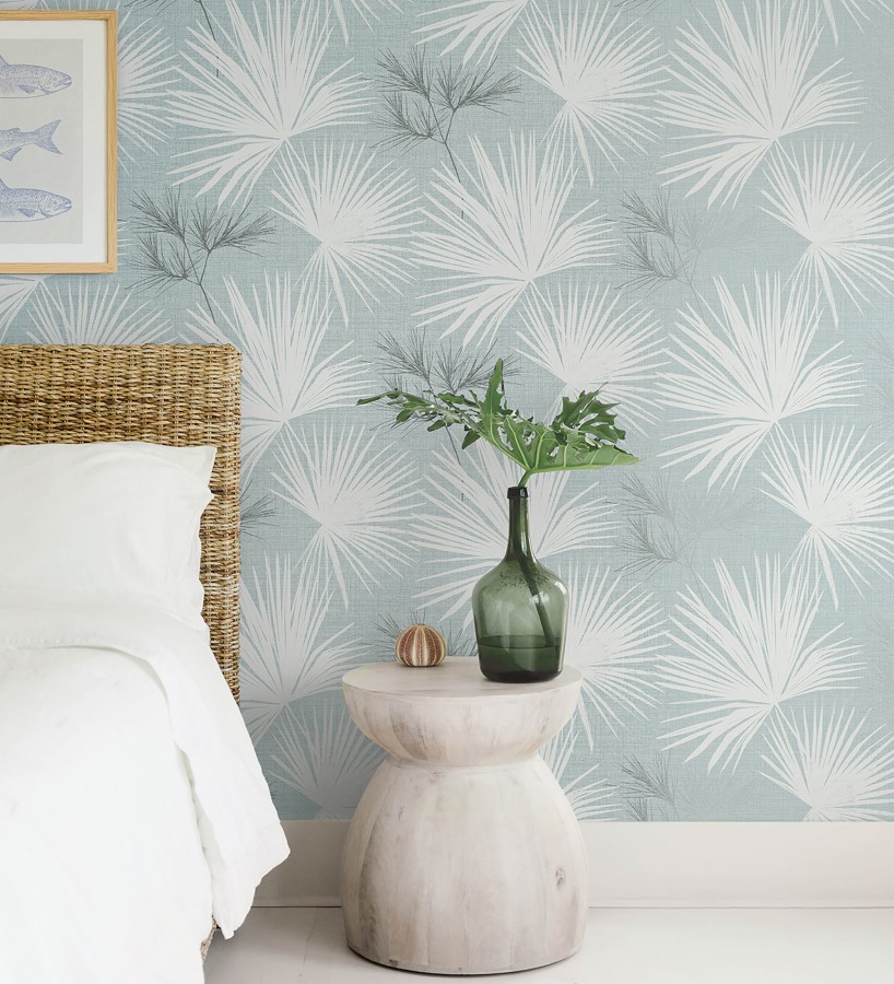 Papel pintado abanico de hojas finas fondo azul  Sloane Leafy 683951