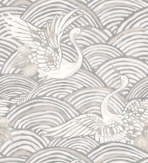 Papel pintado grullas y ondas estilo japonés acuarela tonos grises Mila Winged 683956
