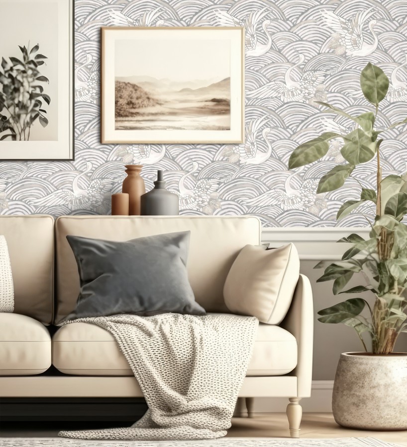 Papel pintado grullas y ondas estilo japonés acuarela tonos grises  Mila Winged 683956