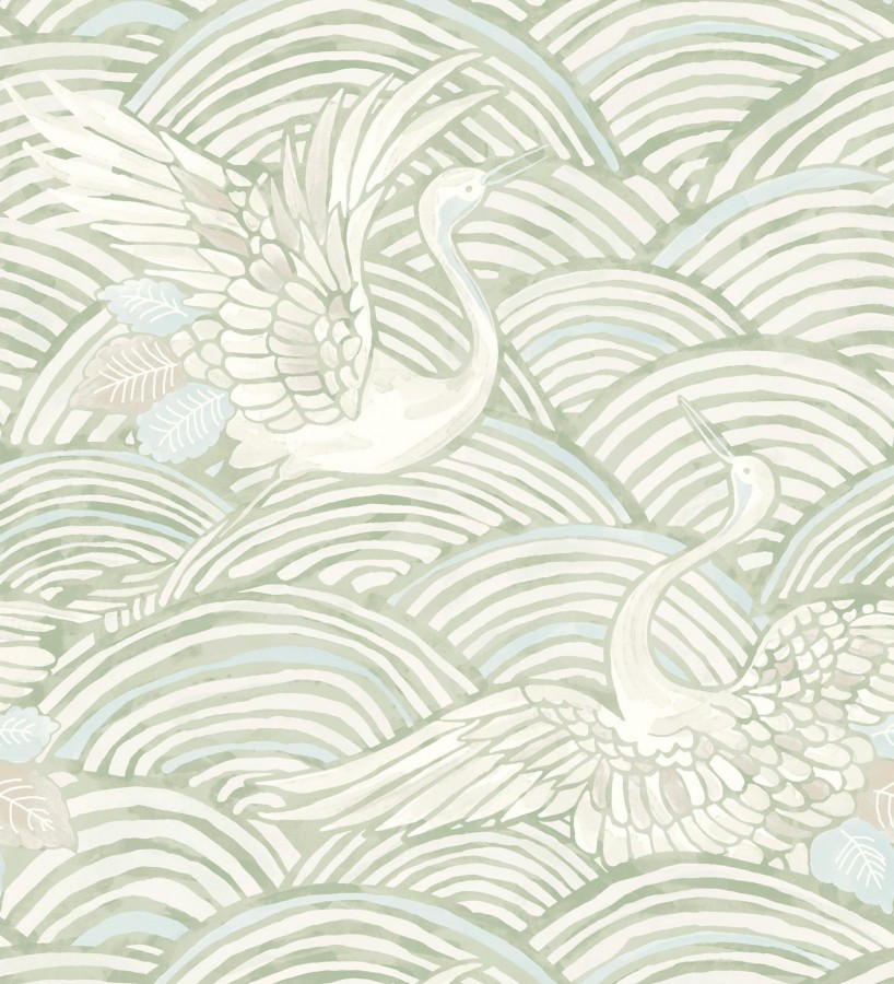 Papel pintado grullas y ondas estilo japonés acuarela tonos verdes  Mila Winged 683957