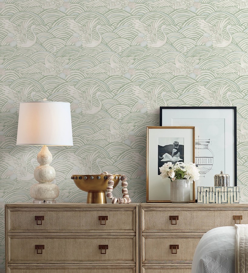 Papel pintado grullas y ondas estilo japonés acuarela tonos verdes  Mila Winged 683957