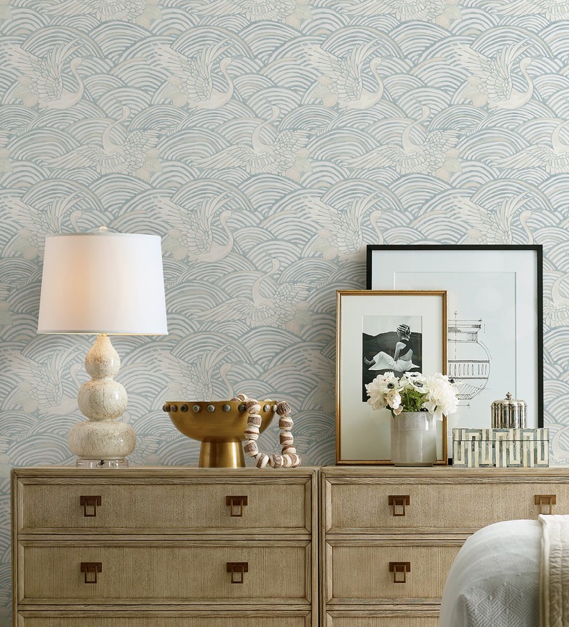 Papel pintado grullas y ondas estilo japonés acuarela tonos azules  Mila Winged 683958