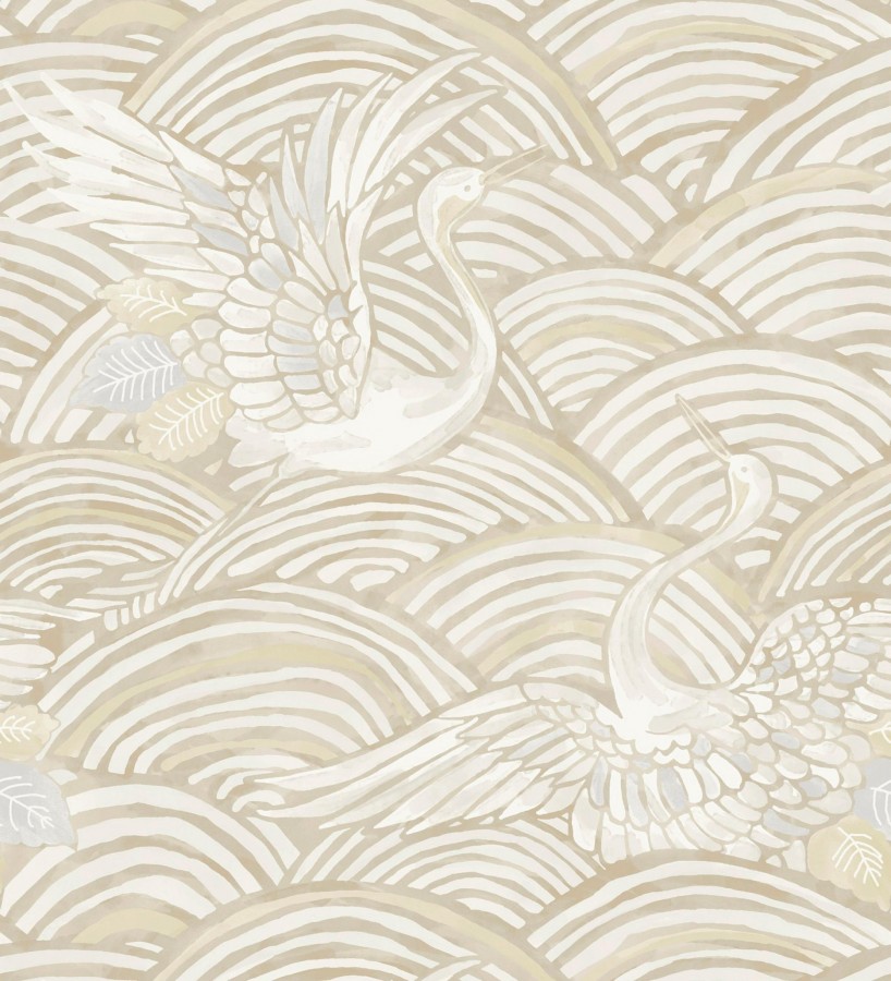 Papel pintado grullas y ondas estilo japonés acuarela tonos beige  Mila Winged 683959