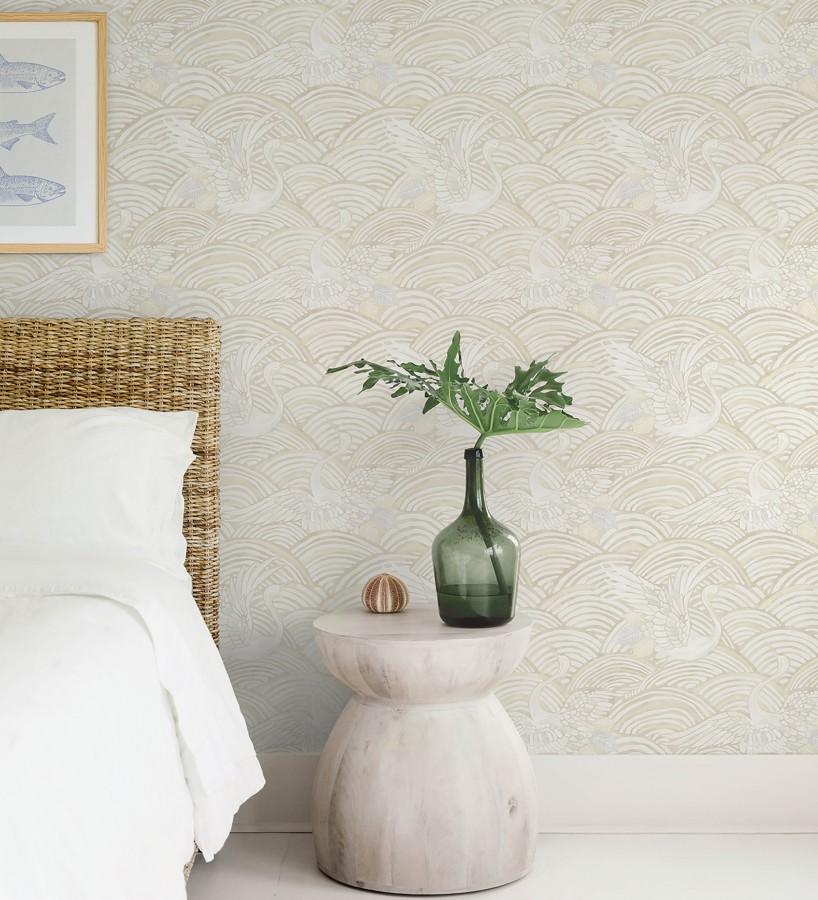 Papel pintado grullas y ondas estilo japonés acuarela tonos beige  Mila Winged 683959