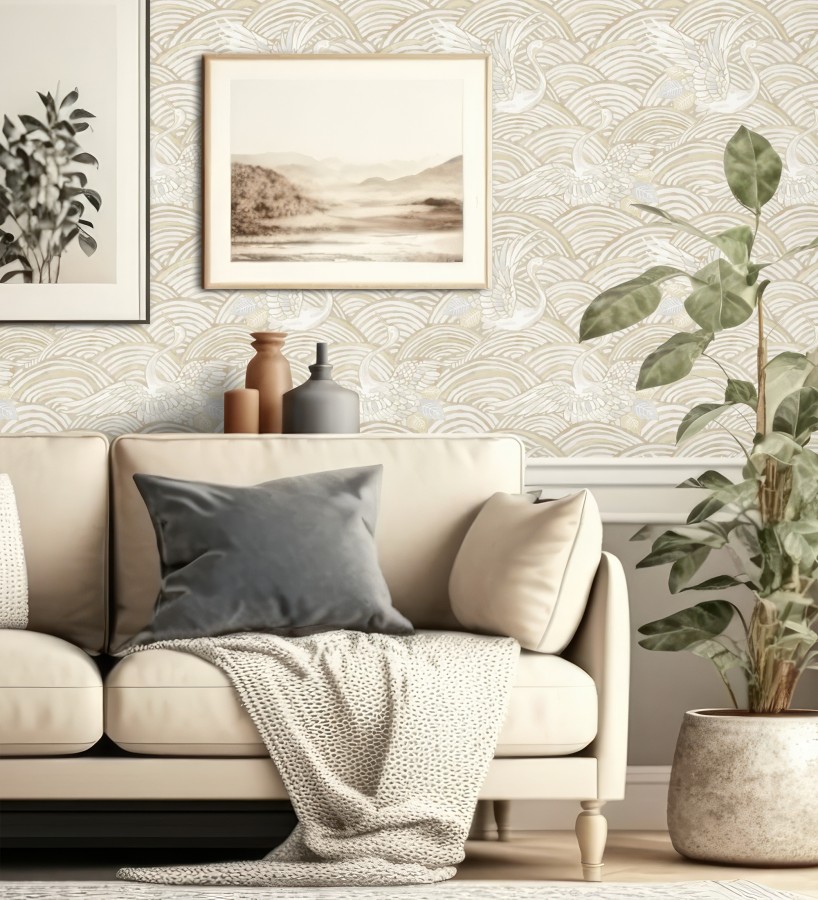 Papel pintado grullas y ondas estilo japonés acuarela tonos beige  Mila Winged 683959