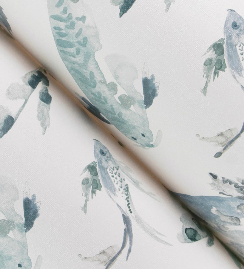 Papel pintado de peces koi tonos azules y estilo japonés acabado acuarela  Yoshi Lucky 683960