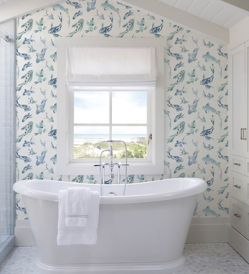 Papel pintado de peces koi tonos azules y estilo japonés acabado acuarela  Yoshi Lucky 683960