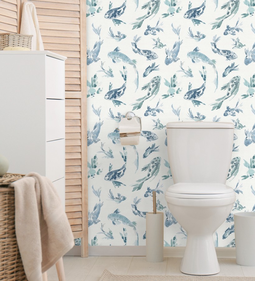 Papel pintado de peces koi tonos azules y estilo japonés acabado acuarela  Yoshi Lucky 683960