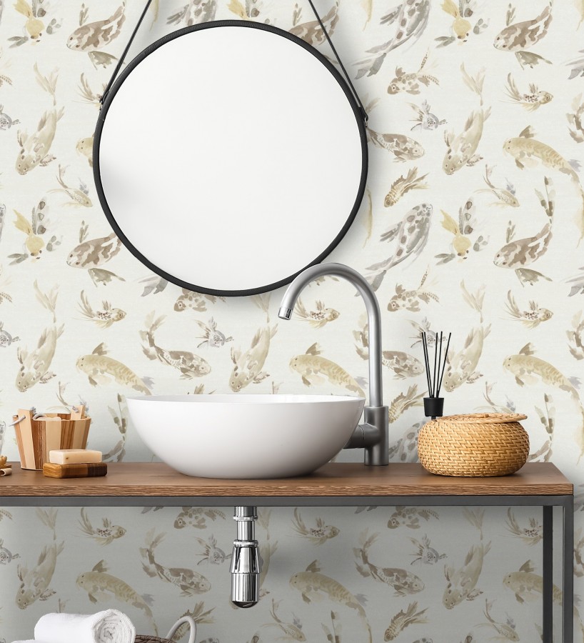 Papel pintado de peces koi tonos beige y estilo japonés fondo nácar  Yoshi Lucky 683961