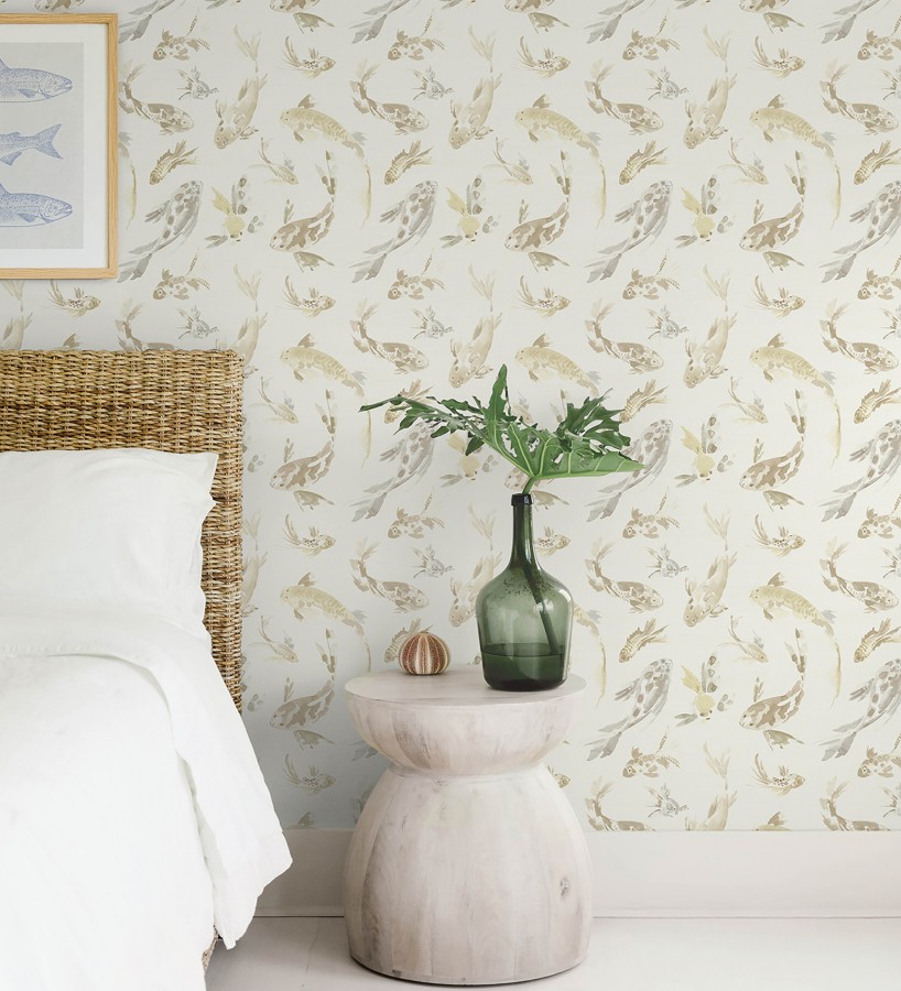 Papel pintado de peces koi tonos beige y estilo japonés fondo nácar  Yoshi Lucky 683961