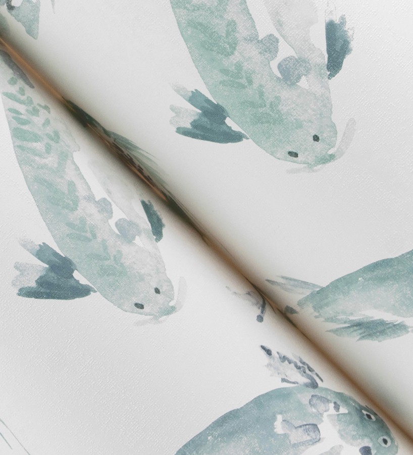 Papel pintado de peces koi tonos verde agua estilo japonés acabado acuarela  Yoshi Lucky 683962