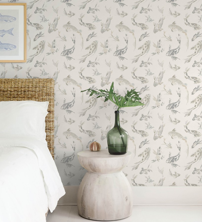 Papel pintado de peces koi tonos grises estilo japonés acabado acuarela  Yoshi Lucky 683963