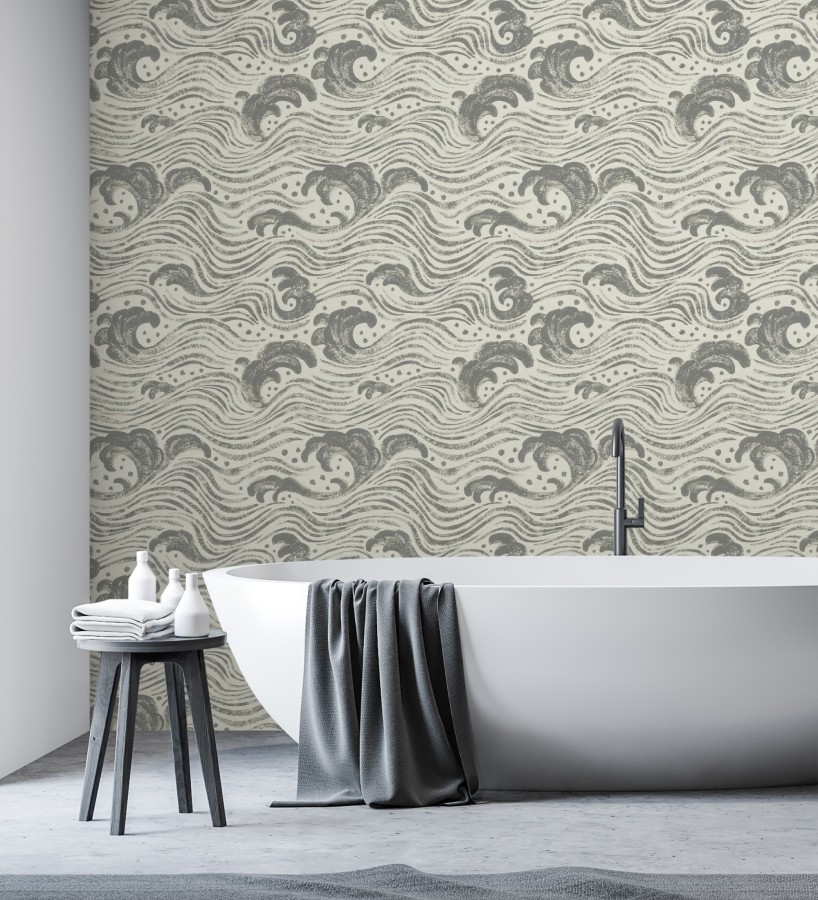 Papel pintado mar de olas rítmicas y espumosas en tonos grises  Kai Oceanic 683970