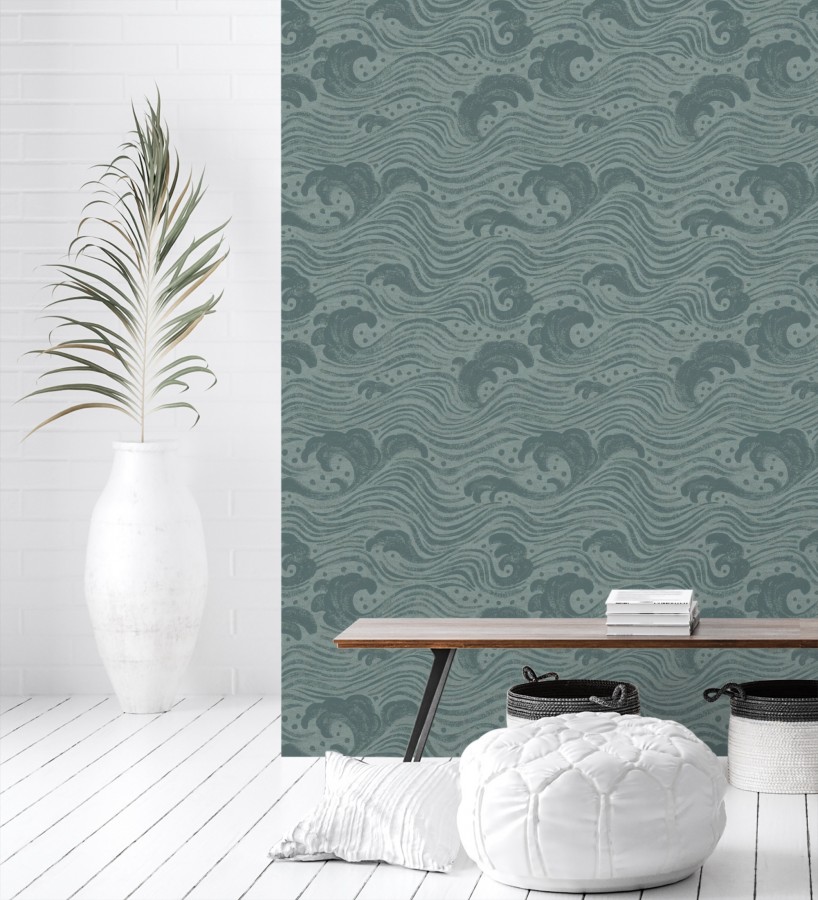 Papel pintado mar de olas rítmicas y espumosas en verde oscuro  Kai Oceanic 683971