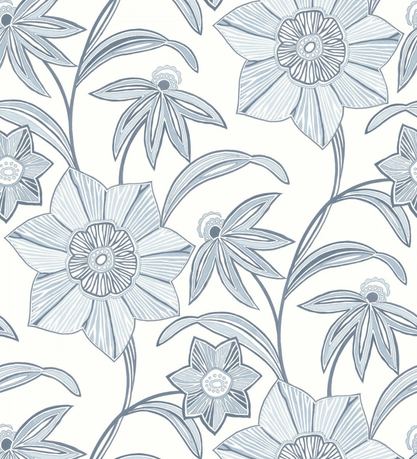 Papel pintado de flores de trazo lírico en azul sereno  Clara Bloom 683972